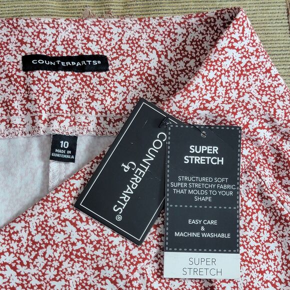 Counterparts Capri Pants Womens 10 Red White Floral Super Stretch Pull On - Picture 10 of 13